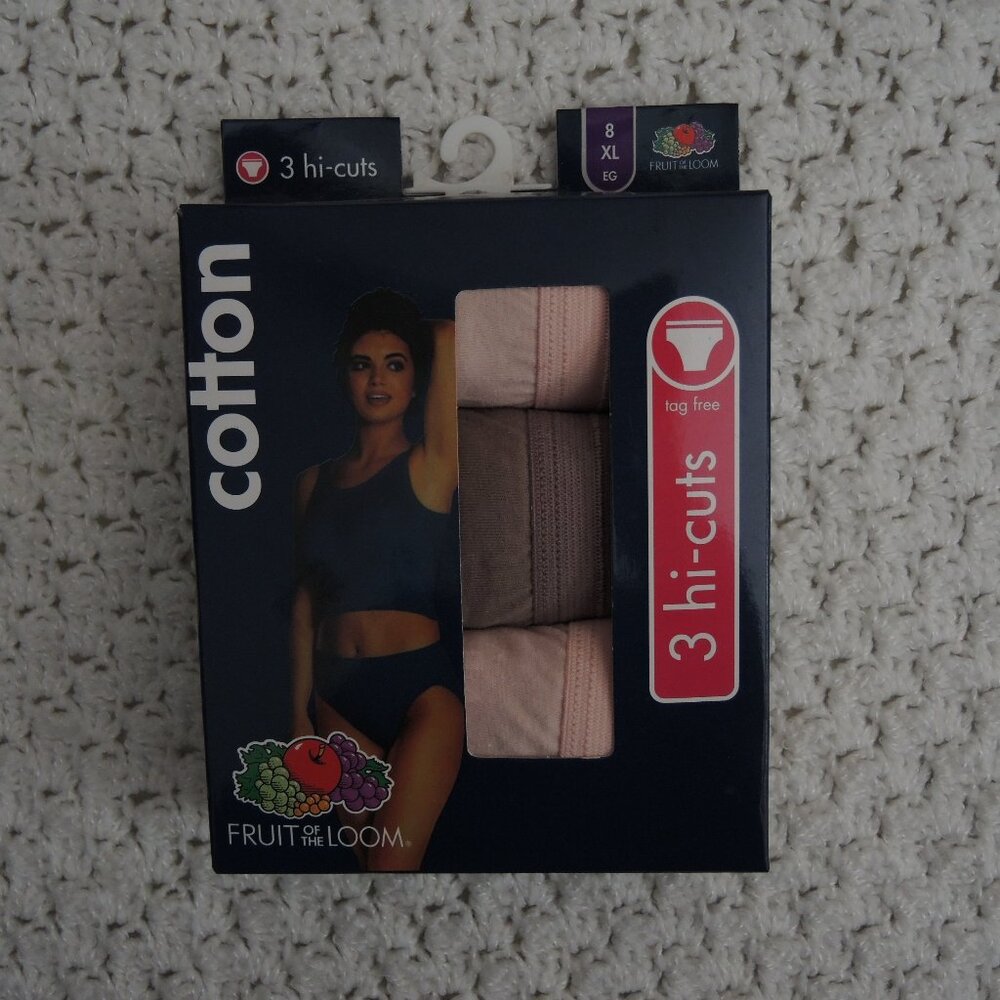 NIB Fruit of the Loom Tag Free Panties Pack of 3 Hi-Cuts 100% Cotton Size 8 XL